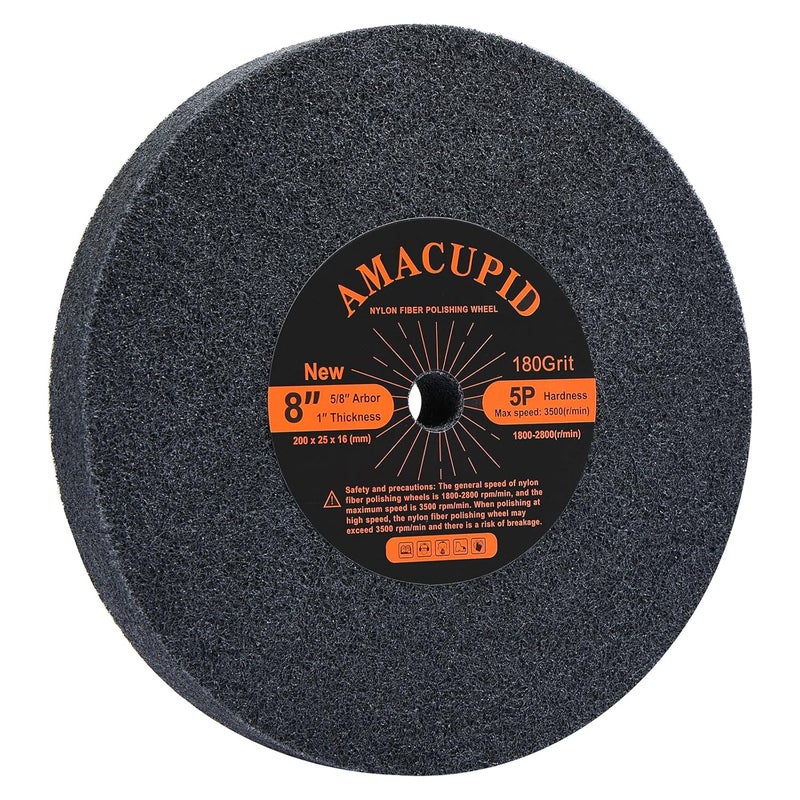 AmaCupid Brushed Nylon Fiber Buffing Wheels 8 Inch 5P Hardness. for Bench Grinder Polishing Machine. Polishing Soft Materials Such as Copper and Aluminum. 5/8 Inch Arbor, 1 inches Thickness, 180 Grit - Image 1